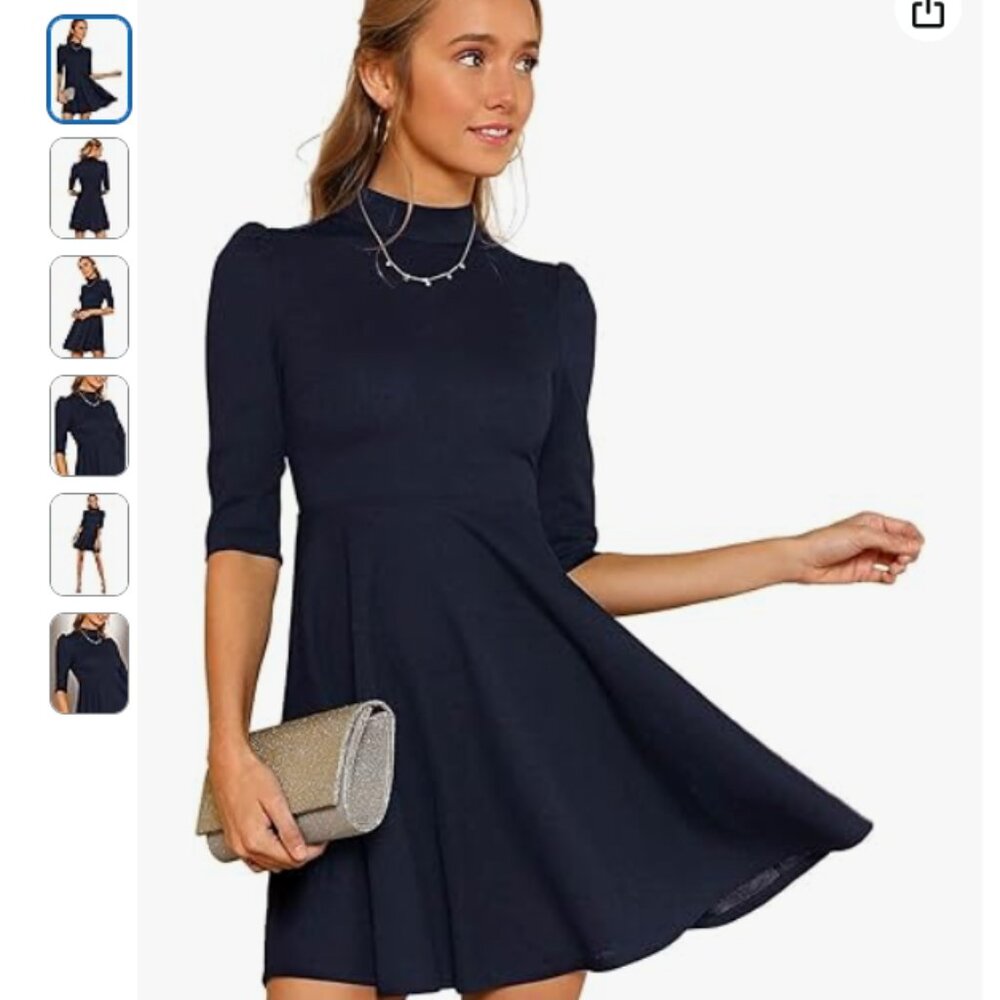 Mock Neck Short Sleeve Flared A Line Cocktail Dress, Navy Blue, Medium